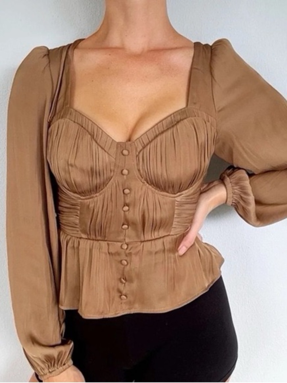 058. Brown Sweetheart Button-Front Long Sleeve Peplum Blouse